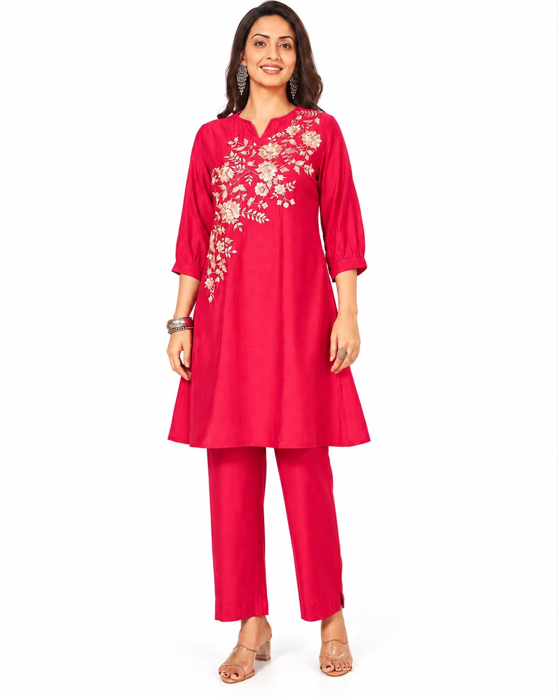 Elegant Fuchsia Pink Embroidered Kurta Pant Set for Women