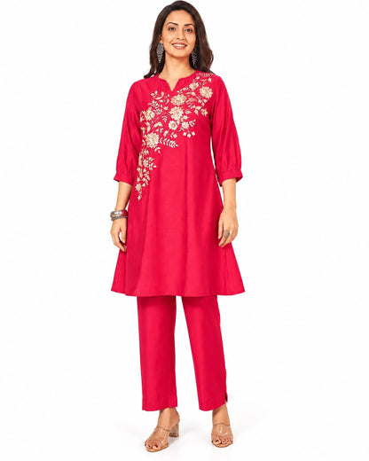 Elegant Fuchsia Pink Embroidered Kurta Pant Set for Women