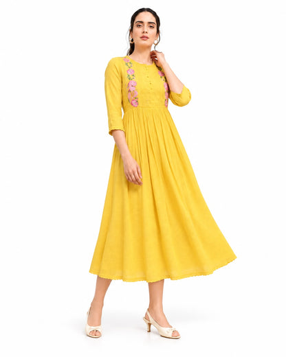 Elegant Mustard Yellow Floral Embroidered Anarkali Dress for Women