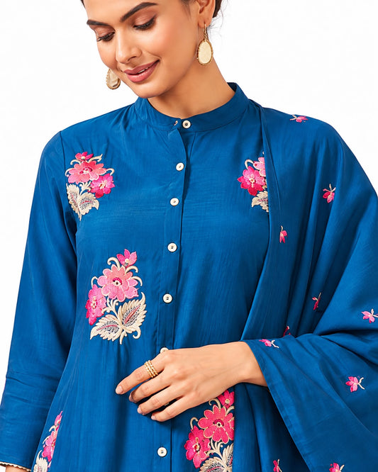 Royal Blue Embroidered A-Line Kurta Set with Palazzo Pants & Dupatta – Pink Floral Motif Festive Wear