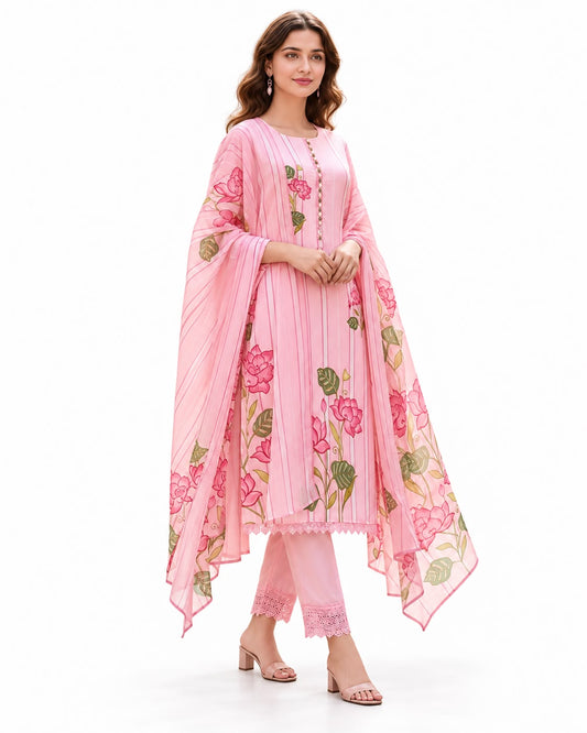 Elegant Pastel Pink Floral Printed Salwar Suit Set for Women with Matching Dupatta and Lace-Trim Pants