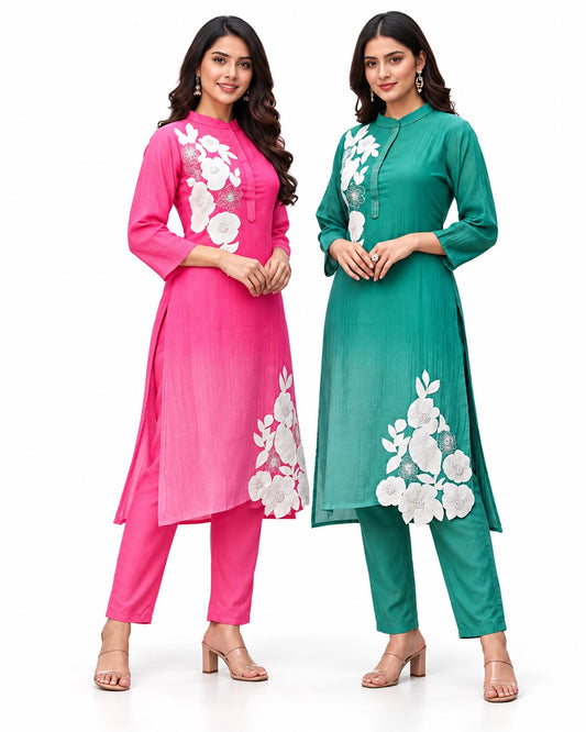 Women’s Floral Embroidered Straight Kurta Pant Set