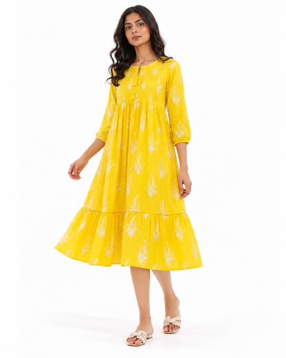 Women’s Mustard Yellow Printed Tiered Midi Dress