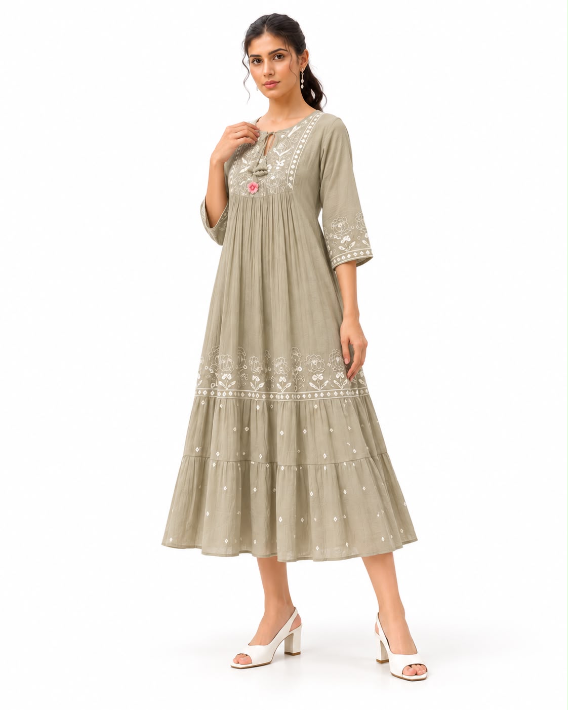 Floral Ethnic Midi Dress with 3/4 Sleeves