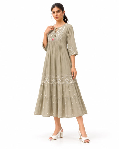 Floral Ethnic Midi Dress with 3/4 Sleeves