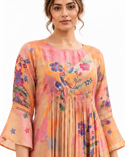Elegant Multicolor Ethnic Dress with Flared 3/4 Sleeves