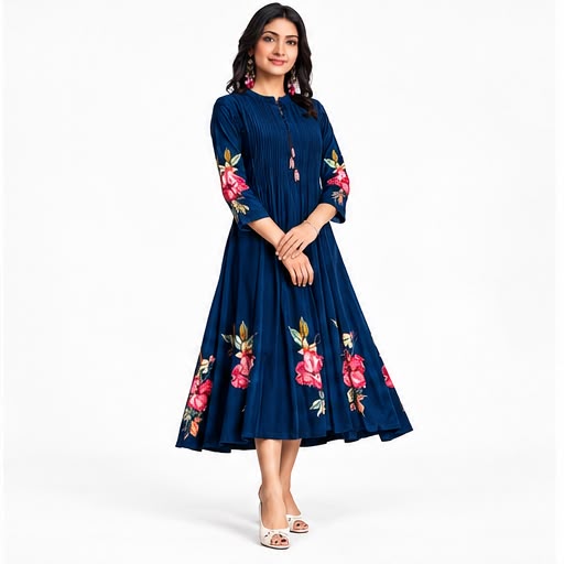 Elegant Navy Blue Floral Embroidered Anarkali Dress for Women