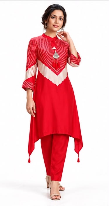 Women’s Red Asymmetric Kurta Pant Set