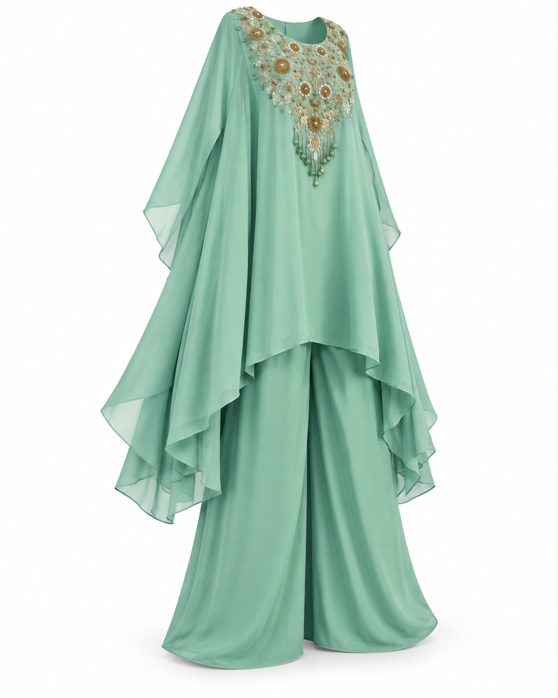 Mint Green Embroidered Kaftan Style Sharara Suit with Golden Floral Embellishments
