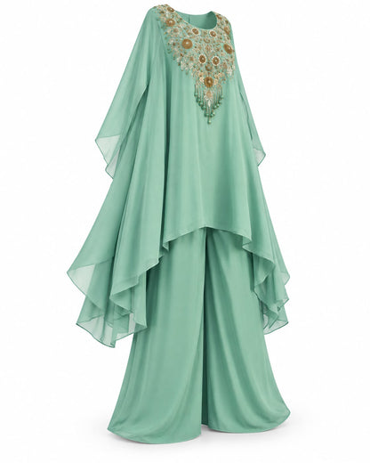 Mint Green Embroidered Kaftan Style Sharara Suit with Golden Floral Embellishments