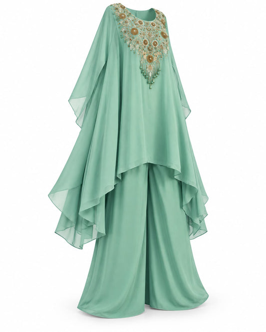 Mint Green Embroidered Kaftan Style Sharara Suit with Golden Floral Embellishments