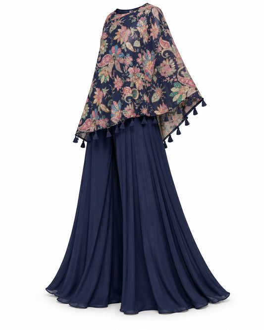 Elegant Navy Blue Floral Cape Top with Palazzo Pants – Designer Ethnic Wear Co-Ord Set for Women