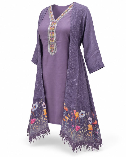 Lavender Embroidered Straight Kurta with Floral Border Shrug Jacket – Lace Tassel Hem Festive Co-ord Set
