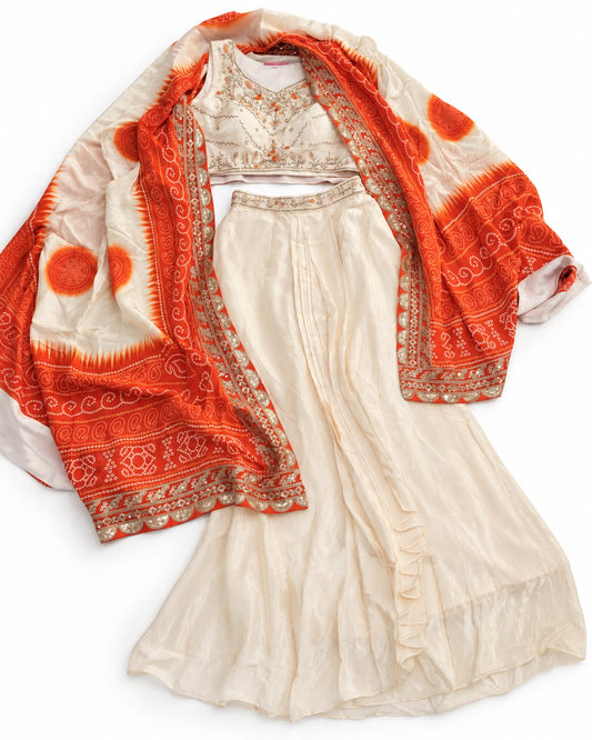 Ivory Embroidered Crop Top & Pleated Skirt Set with Orange Bandhani Dupatta – Festive Lehenga Style Co-ord