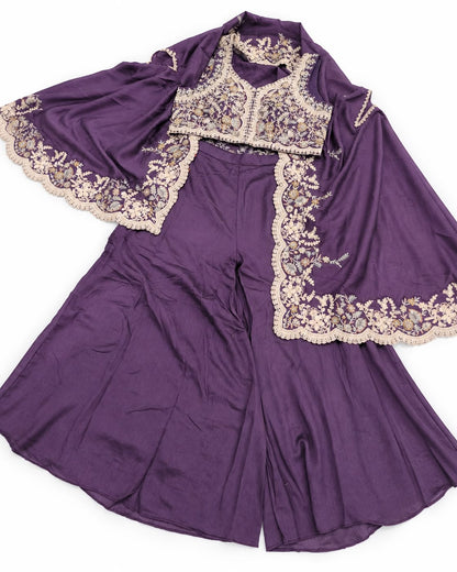 Purple Embroidered Crop Top & Flared Palazzo Set with Scalloped Cape Dupatta – Festive Sharara Style Co-ord