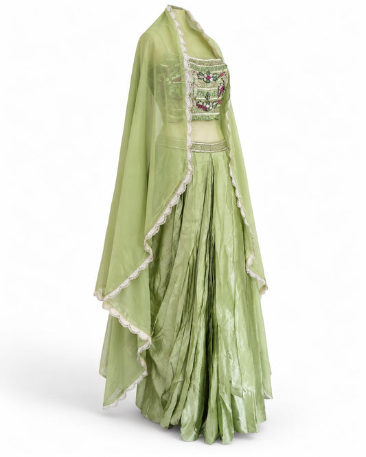 Pista Green Embroidered Bandeau Crop Top & Pleated Satin Skirt Set with Scalloped Dupatta – Festive Lehenga Style Co-ord