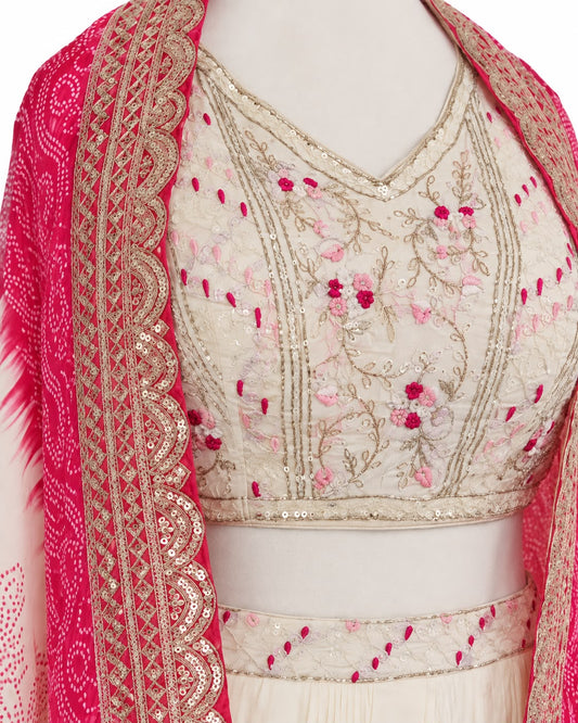 Ivory Embroidered Crop Top & Skirt Set with Pink Bandhani Dupatta – Sequin Zari Border Festive Lehenga Style Co-ord