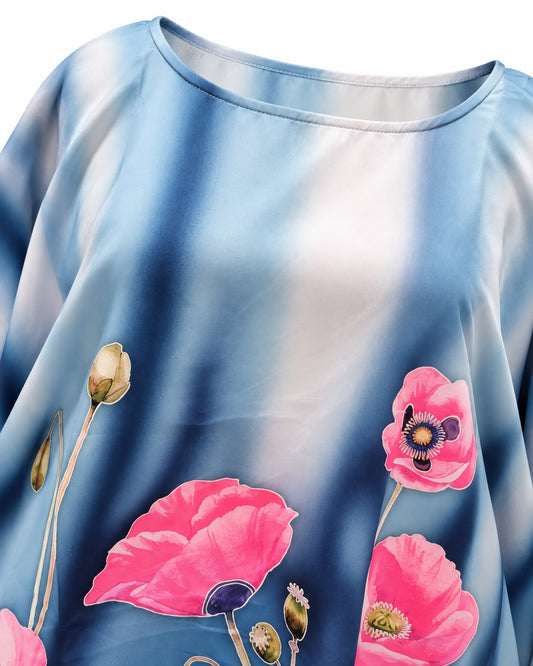 Blue Ombre Poppy Print Kaftan Top – Round Neck Satin-Finish Loose Fit Tunic with Pink Floral Print