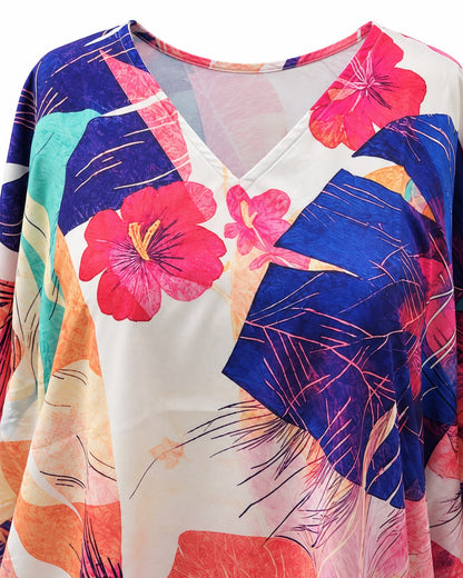 Tropical Abstract Leaf & Hibiscus Print Kaftan