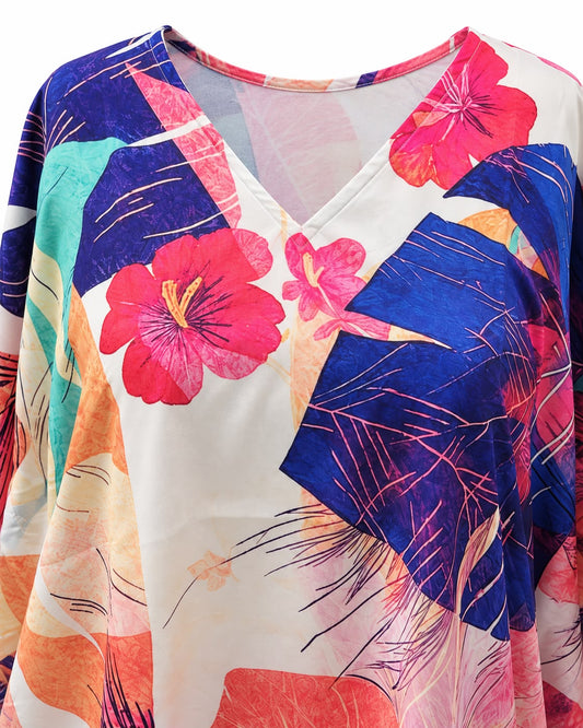 Tropical Abstract Leaf & Hibiscus Print Kaftan
