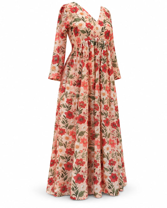 Peach Floral Print Empire Waist Dress – V-Neck Full Sleeve Gathered Flared Dress with Red & Cream Blooms