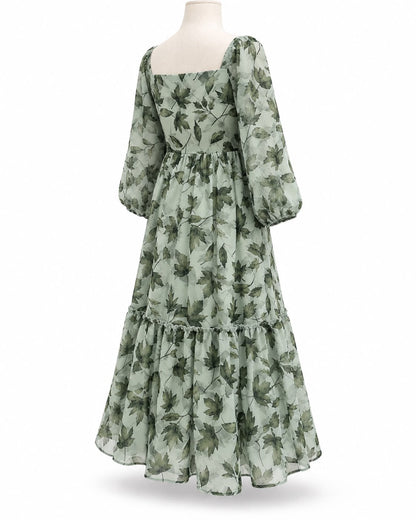 Sage Green Leaf Print Midi Dress