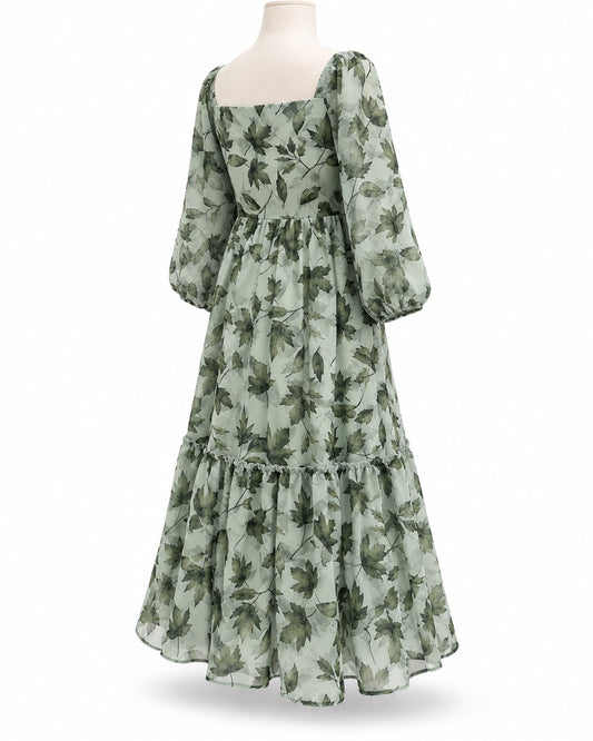Sage Green Leaf Print Midi Dress