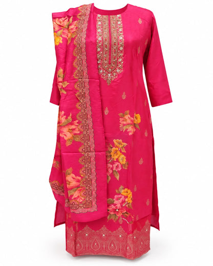 Rani Pink Floral Printed Embroidered Salwar Suit with Dupatta