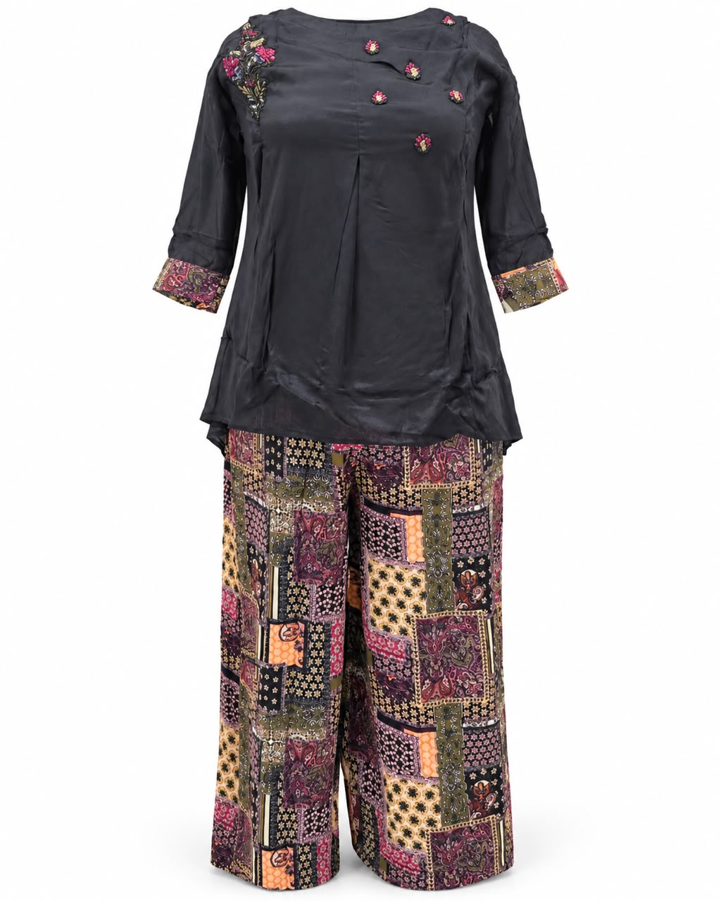 Black Embroidered Short Kurti with Patchwork Print Palazzo Co-ord Set