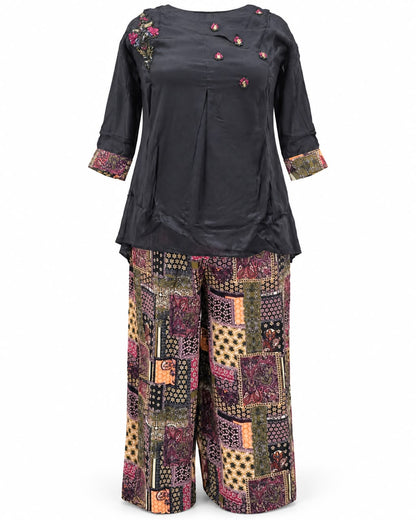 Black Embroidered Short Kurti with Patchwork Print Palazzo Co-ord Set