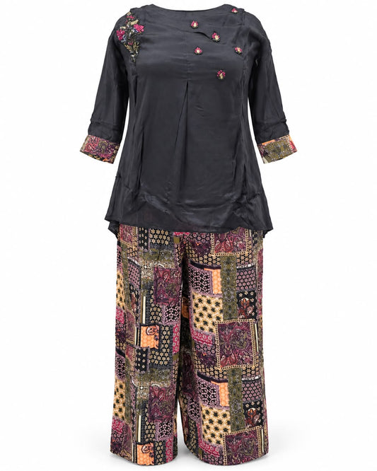 Black Embroidered Short Kurti with Patchwork Print Palazzo Co-ord Set