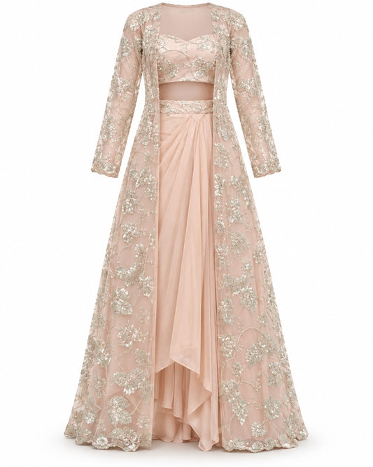 Blush Peach Sequin Embroidered Long Jacket Set with Sweetheart Crop Top and Draped Skirt