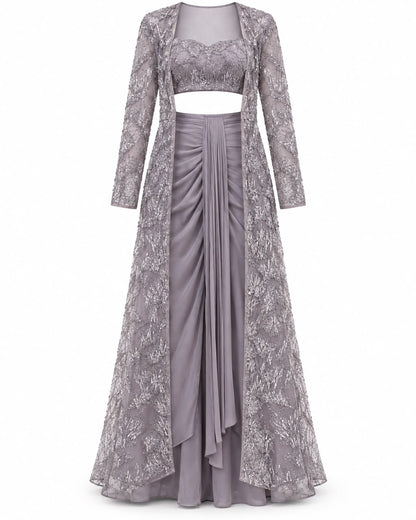 Mauve Grey Beaded Embroidered Long Jacket Set with Sweetheart Crop Top and Draped Skirt