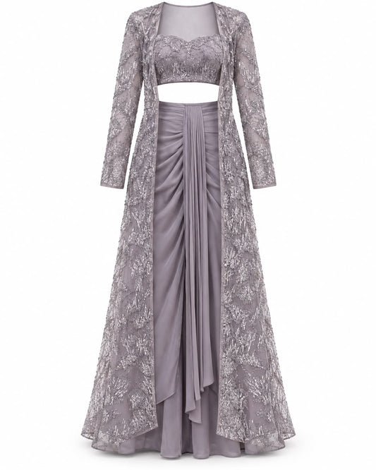 Mauve Grey Beaded Embroidered Long Jacket Set with Sweetheart Crop Top and Draped Skirt