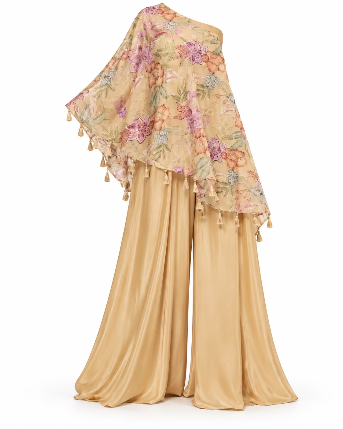Beige Gold Floral Printed One-Shoulder Cape Top with Tassel Detailing and Wide-Leg Palazzo Se