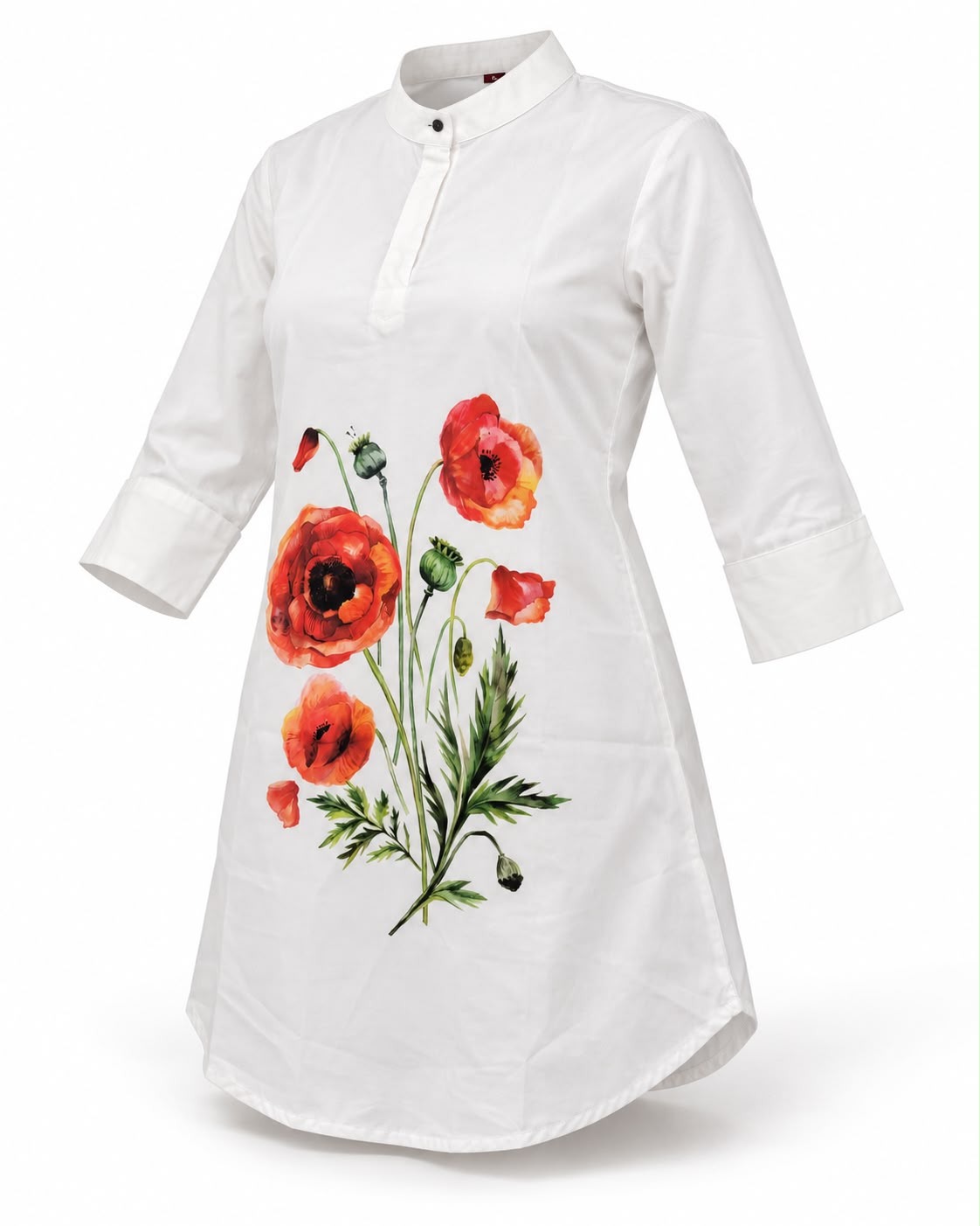 Elegant White Kurti for Women with Red Poppy Floral Print