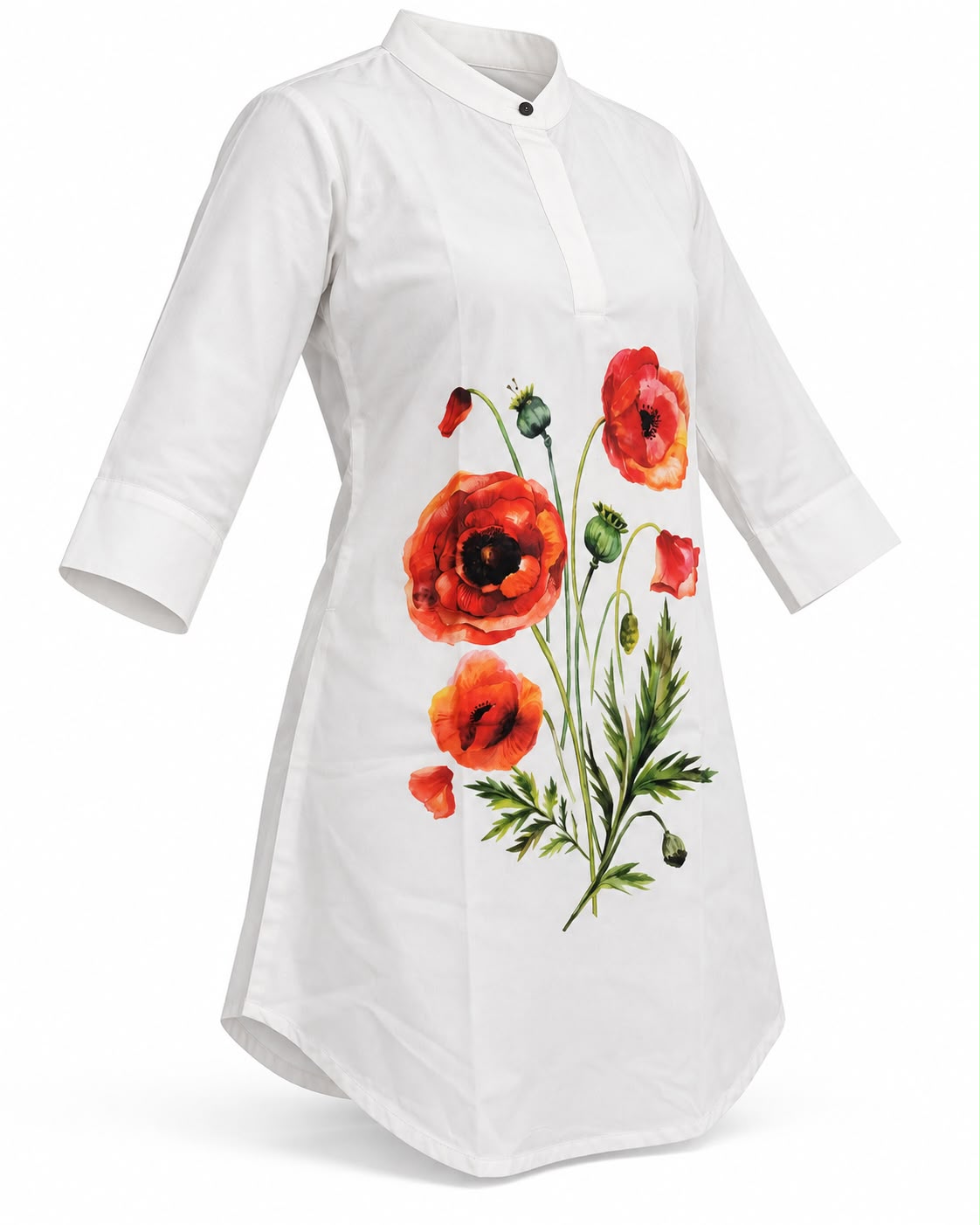 Elegant White Kurti for Women with Red Poppy Floral Print