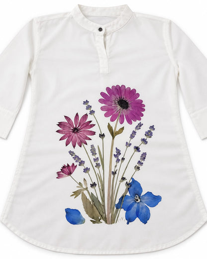 Elegant White Floral Kurti for Women with Purple