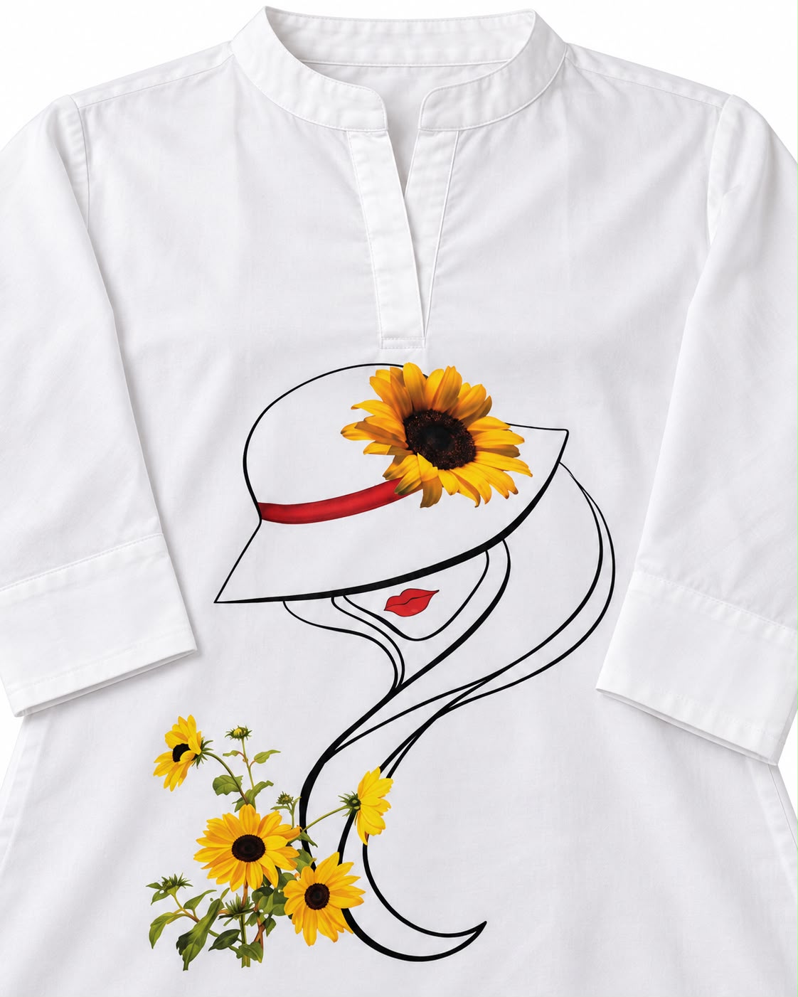 Elegant White Kurti for Women with Sunflower Hat Print