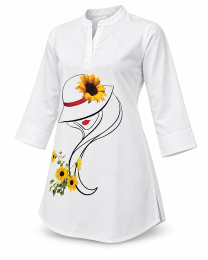Elegant White Kurti for Women with Sunflower Hat Print