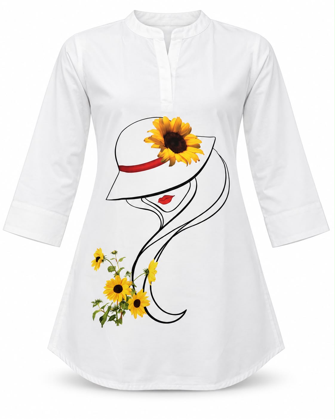 Elegant White Kurti for Women with Sunflower Hat Print