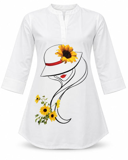 Elegant White Kurti for Women with Sunflower Hat Print