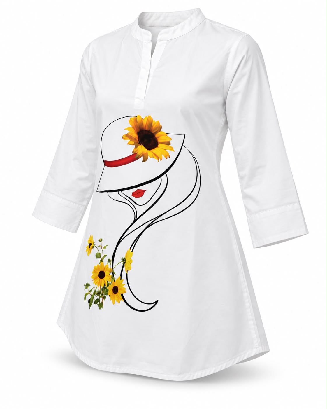 Elegant White Kurti for Women with Sunflower Hat Print