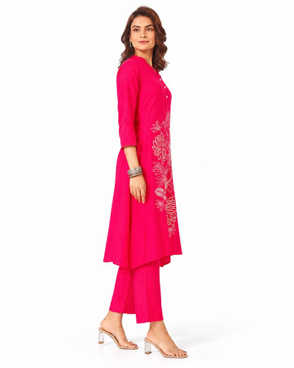 Elegant Fuchsia Pink Embroidered Kurta Pant Set for Women