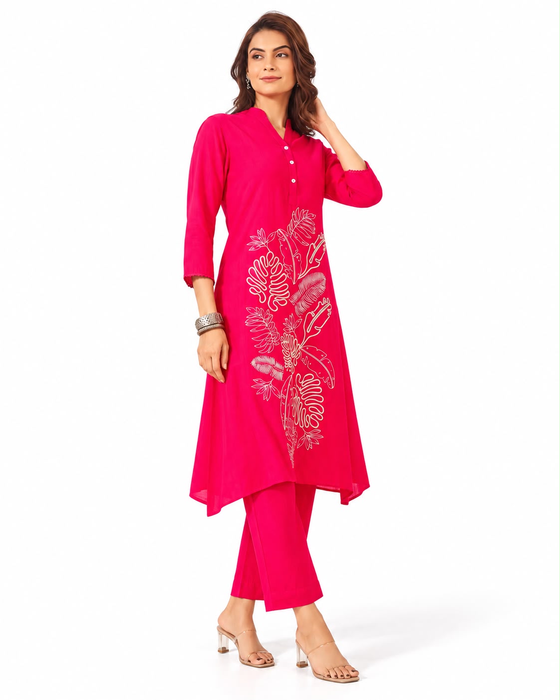 Elegant Fuchsia Pink Embroidered Kurta Pant Set for Women