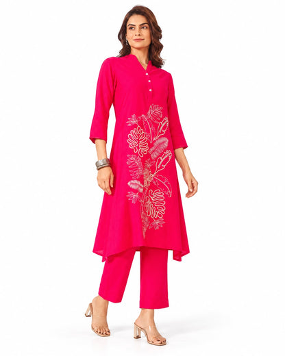 Elegant Fuchsia Pink Embroidered Kurta Pant Set for Women