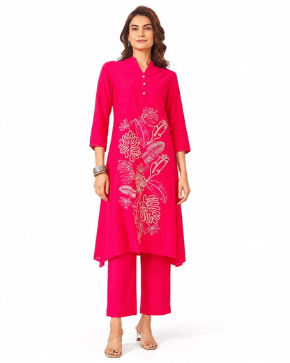 Elegant Fuchsia Pink Embroidered Kurta Pant Set for Women