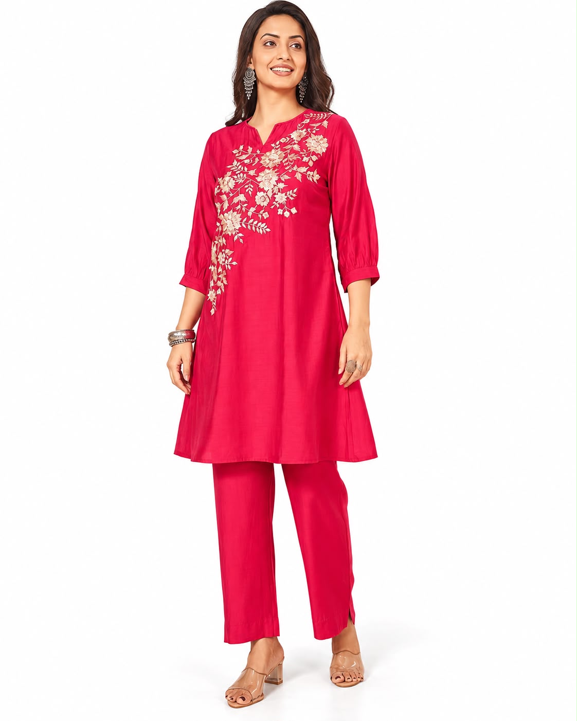Elegant Fuchsia Pink Embroidered Kurta Pant Set for Women