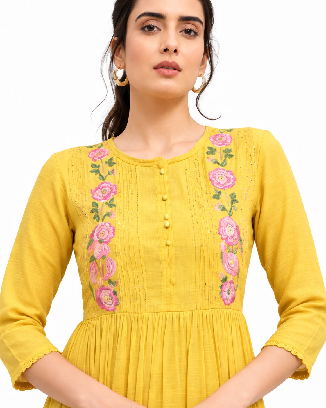 Elegant Mustard Yellow Floral Embroidered Anarkali Dress for Women
