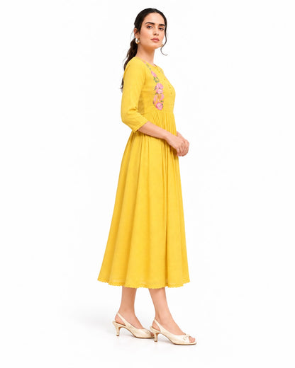 Elegant Mustard Yellow Floral Embroidered Anarkali Dress for Women